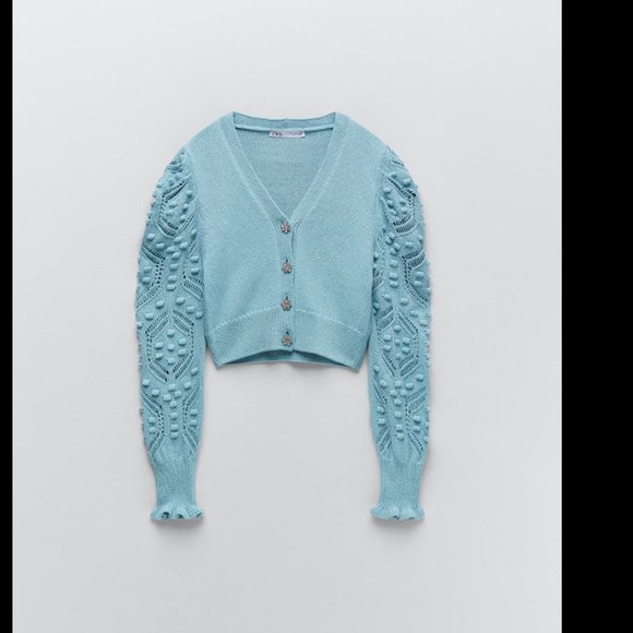 ZARA KNIT CARDIGAN SWEATER WITH JEWELED BUTTONS AND POMPOMS - Picture 3 of 10